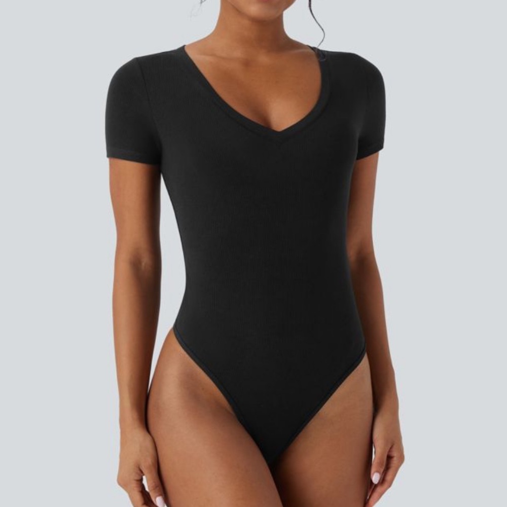 Halara Ribbed Knit V-neck Short Sleeve Work Bodysuit - Sz Lg - Picture 2 of 5